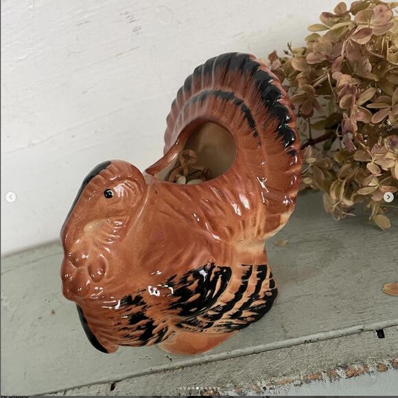 Vintage Turkey Planter Thanksgiving Dinner Table Centerpiece Ceramic Brown Black - Picture 5 of 10